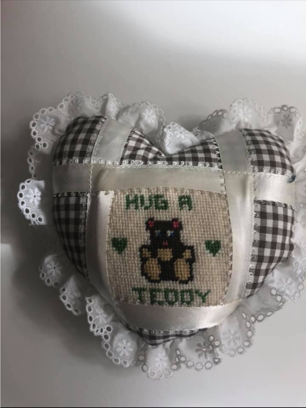 Vintage Needlepoint Gingham Heart ❤️ Pillow with 'Hug A Teddy ' Inset